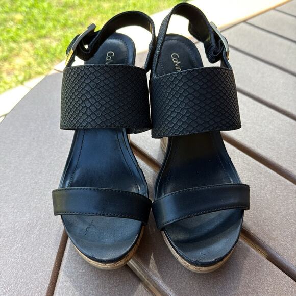 Calvin Klein Black Tan Wedge Sandals Nadin Size 7.5 - Picture 2 of 5
